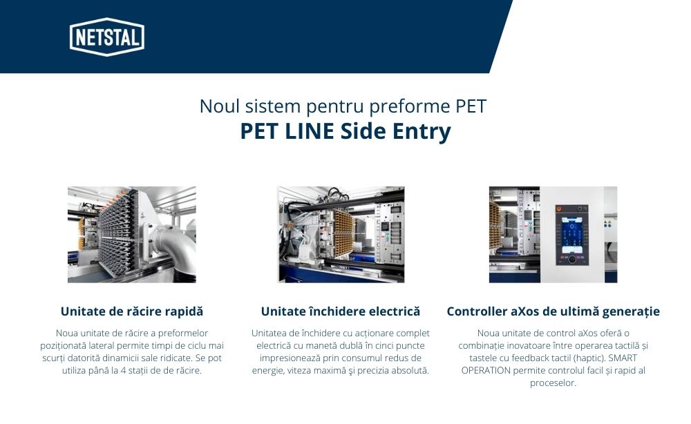 NETSTAL prezintă noua linie mașini de injecție pentru producția preformelor PET cu eliminare laterală - PET-LINE Side-Entry